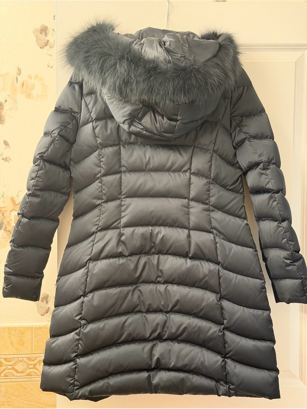 Dawn Levy  Women's Long Navy Blue Puffer Coat with Faux Fur Hood